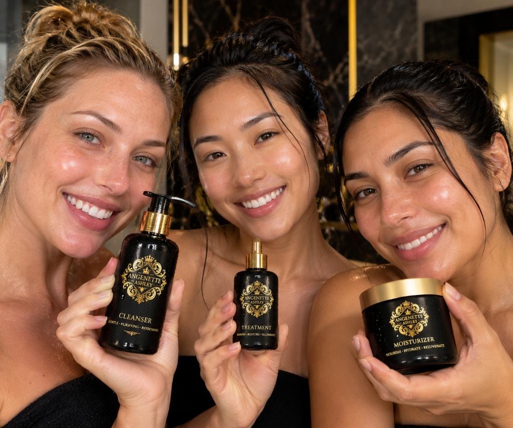 Three women glowing with healthy skin, each holding an Angenette Ashley Skincare product